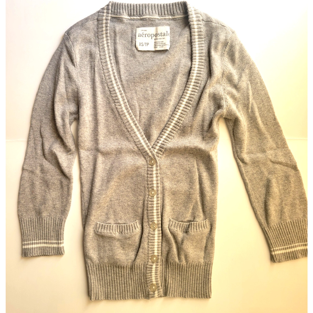 Aeropostale Girl's XS Button Front Cardigan Sweater Cotton Blend Gray w/White